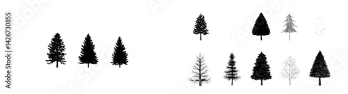 A set of hand-drawn forest images, rendered in modern line art