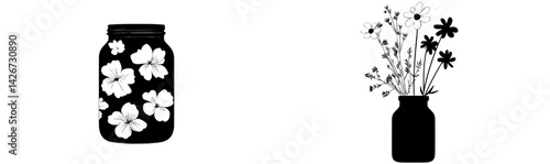 Modern illustration files for cutting, including a black and white jam jar silhouette and handmade calligraphy, are set against a clean white background