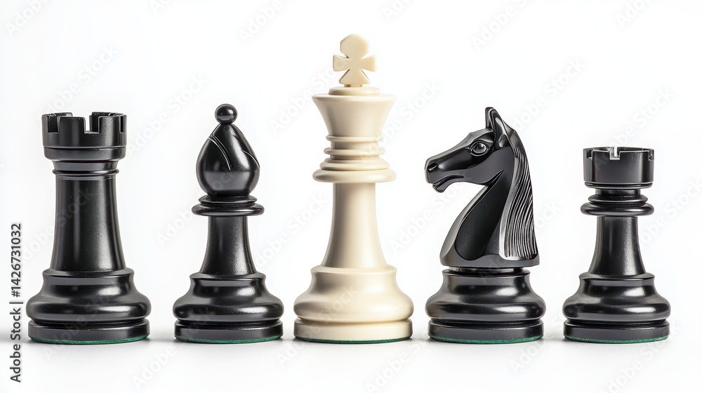 A set of chess pieces isolated on a pure white background, realistic lighting and shadow, ideal for cut-out and compositing A set of chess pieces isolated on a pure white background, realistic lighting and shadow, ideal for cut-out and compositing