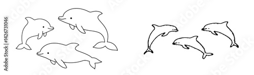 A modern art collection featuring dolphins in outline form, created in a doodle style and drawn by hand