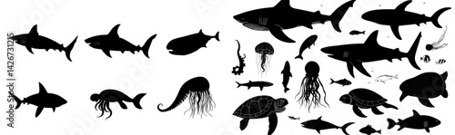 Isolated modern clipart presents a monochrome silhouette collection of various marine animals, including sea turtles, whale sharks, eagle rays, manta rays, octopuses, and fish, with sea weed