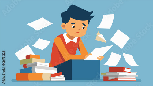 A tired student sifting through a pile of rejection letters from past scholarship applications but still determined to keep searching for new options.. Vector illustration