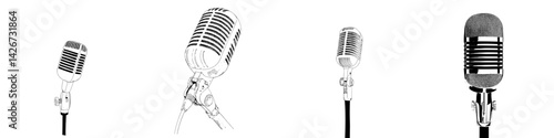 Hand drawn line illustration of a microphone on a transparent background