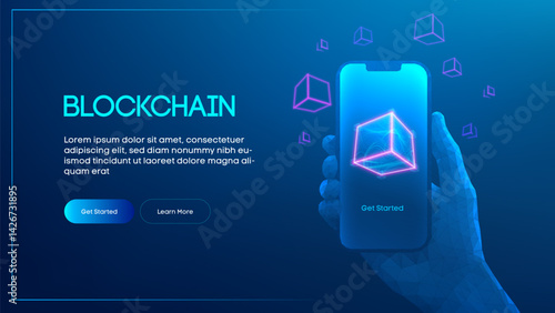 Blockchain 3D block on smartphone digital neon background. Chain data app crypto cube mobile fintech technology. Software economy concept bitcoin wallet tech future analytics cyber content.