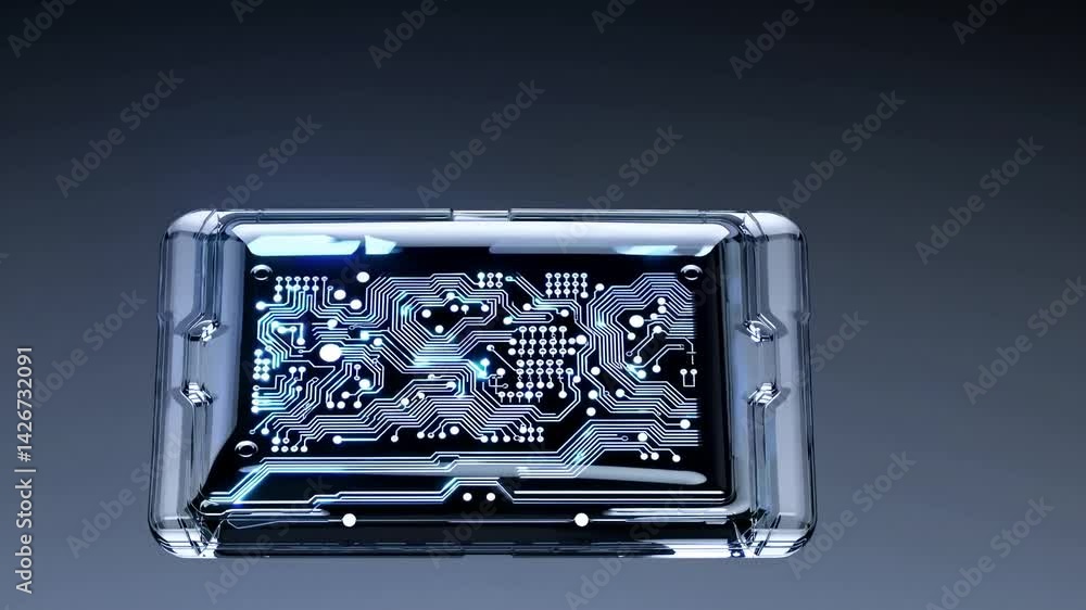 Transparent casing encasing a glowing circuit board, futuristic technology. Transparent casing encasing a glowing circuit board, futuristic technology.