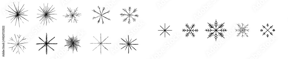 Obraz premium A modern icon featuring a set of snowflakes in linear design, comprising geometric shapes related to nature and winter, forming a hand-drawn contour collection