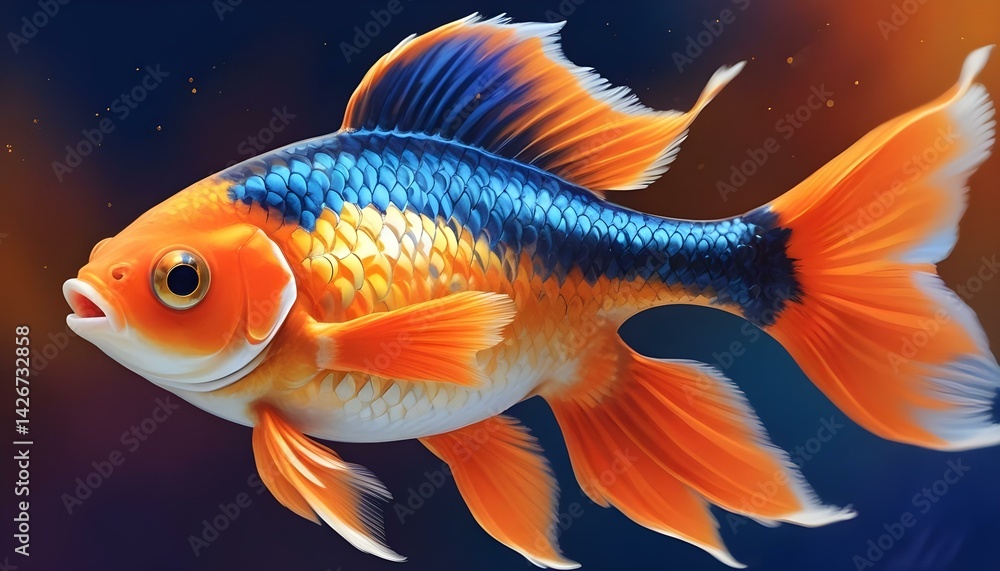 A brilliantly colored goldfish swims elegantly, showcasing vivid hues against a blurred background. A brilliantly colored goldfish swims elegantly, showcasing vivid hues against a blurred background.
