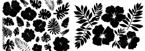 A hibiscus flower's modern silhouette is featured, along with a set of black silhouettes of tropical hibiscus flowers, a tropical hibiscus bloom silhouette, and a modern hibiscus flower logo