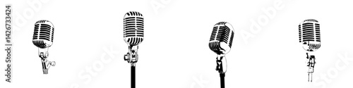 A modern illustration of a vintage microphone is presented in a hand-drawn black and white engraved style