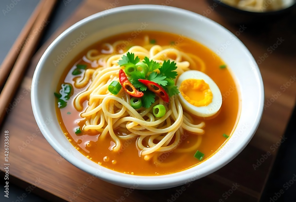 Generative AI Culinary Creation: Vibrant Noodle Soup with Egg and Spices Generative AI Culinary Creation: Vibrant Noodle Soup with Egg and Spices