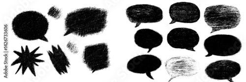 Black chat boxes on a white background are shown as silhouettes, comprising a comic book-style hand-drawn set of abstract text boxes and chat bubbles
