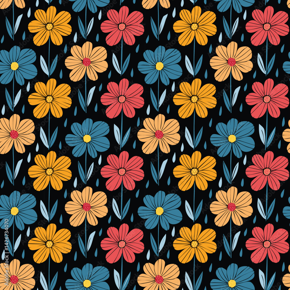 custom made wallpaper toronto digitalseamless pattern design features colorful flowers with yellow, blue, and red petals on a black background