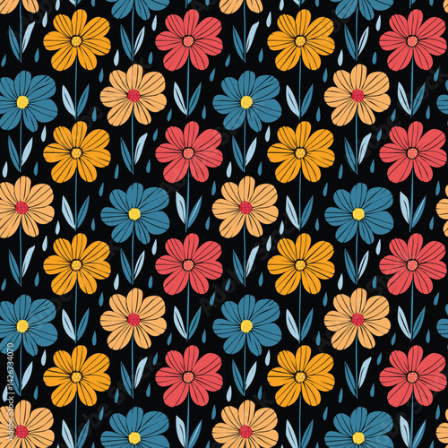 Wallpaper Mural seamless pattern design features colorful flowers with yellow, blue, and red petals on a black background Torontodigital.ca