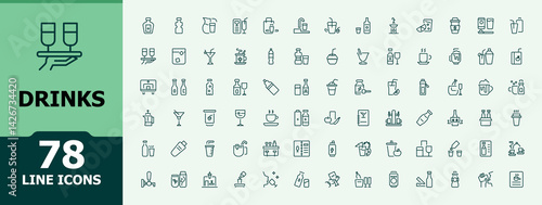 Drinks icon set. Minimalist icons collection. Editable vector stroke. Restaurant simple icon set. Pack of soft drink, beverage, juice, wine, tea, cocktail and more.