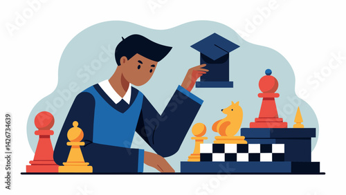 A student playing a game of chess with a scholarship committee member with each move representing a strategic decision in the scholarship search.. Vector illustration