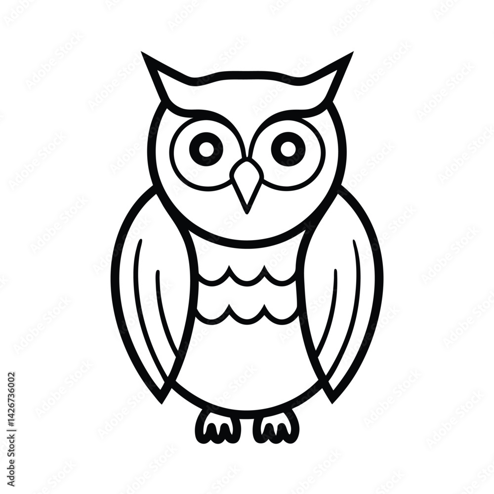 Fototapeta premium Simple black and white owl illustration for coloring books and design projects