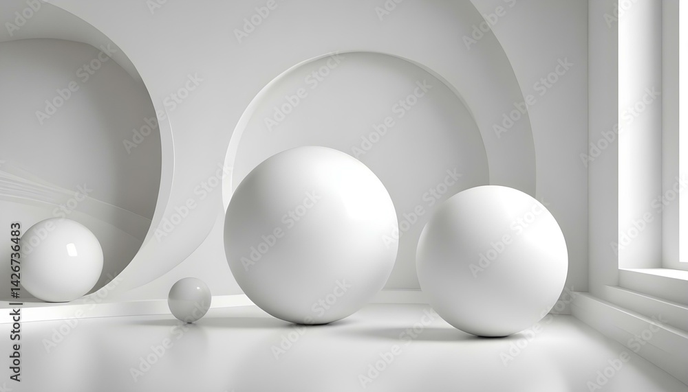 A serene composition features white spheres in a minimalist architectural space, with a clean design. A serene composition features white spheres in a minimalist architectural space, with a clean design.