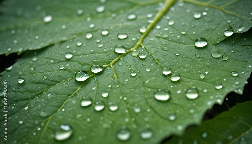 A macro shot captures the essence of a green leaf glistening with water droplets. A macro shot captures the essence of a green leaf glistening with water droplets.