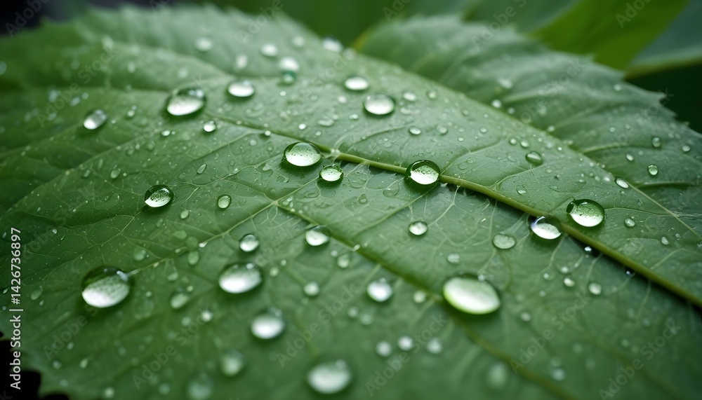 Detailed view of a lush green leaf covered in glistening water droplets, perfect for nature. Detailed view of a lush green leaf covered in glistening water droplets, perfect for nature.
