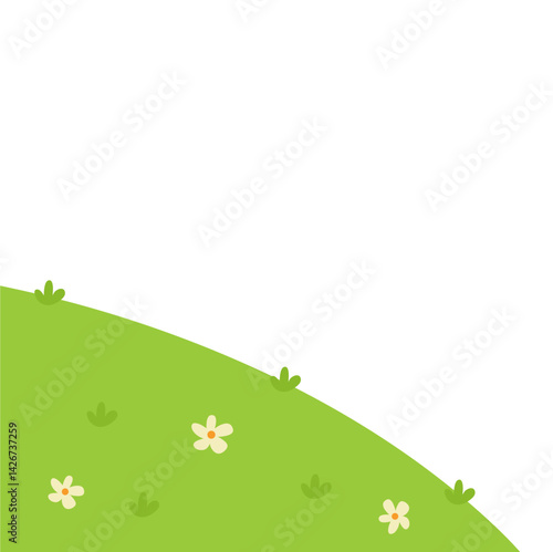 Green meadow landscape with flowers. Summer green fields view, spring lawn hill, green grass fields landscape. Vector illustration