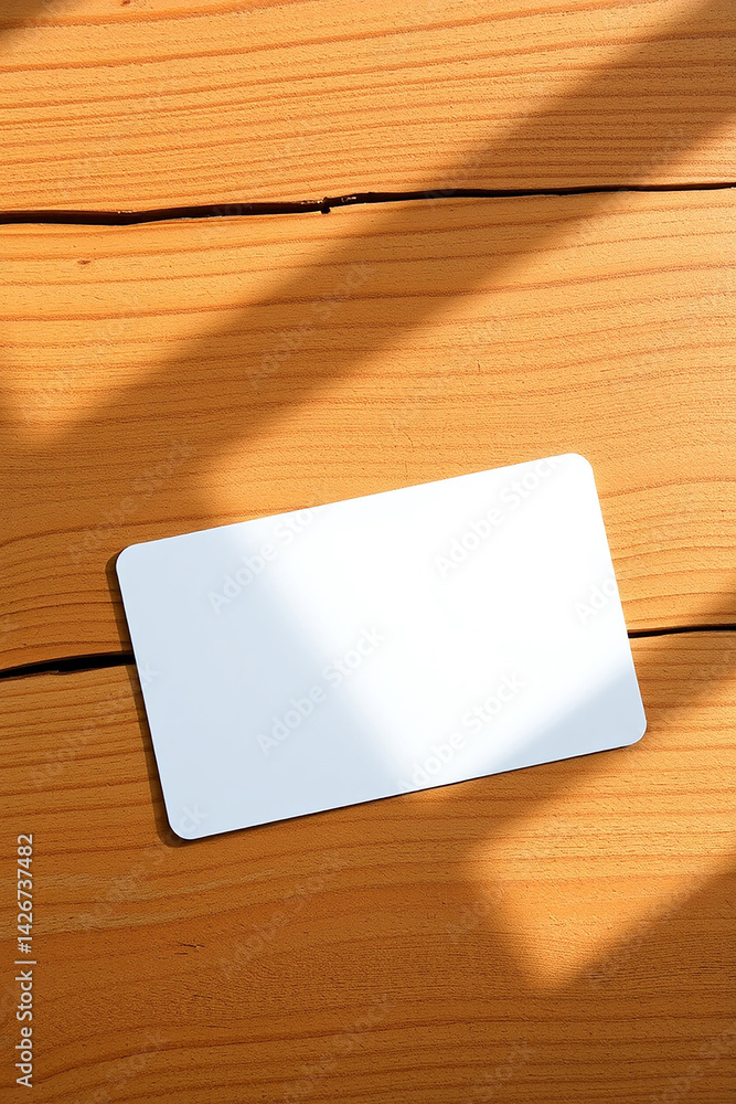 White blank card on wood surface. Light from sun creating shadows. Empty space on card. Place for text or image. Simple clean design. White blank card on wood surface. Light from sun creating shadows. Empty space on card. Place for text or image. Simple clean design.