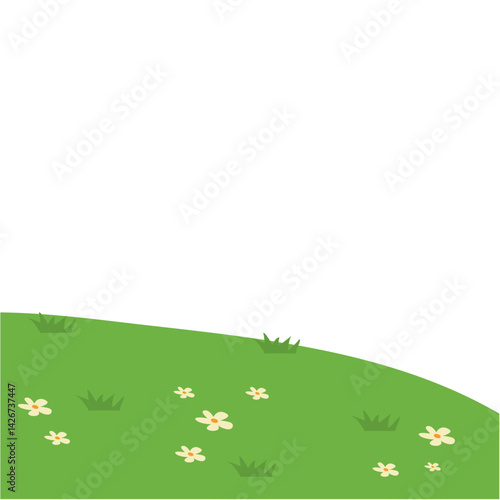 Green meadow landscape with flowers. Summer green fields view, spring lawn hill, green grass fields landscape. Vector illustration