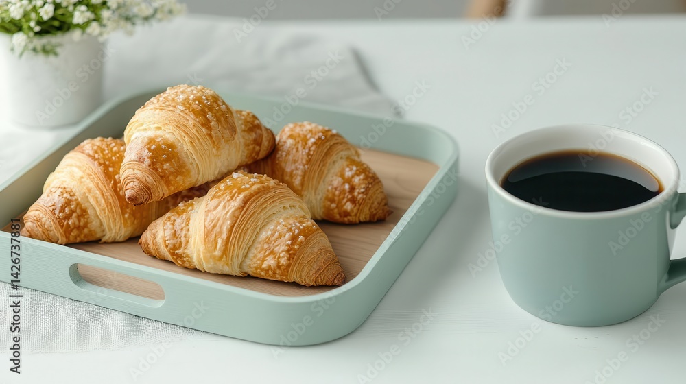A small breakfast tray with fresh croissants, a cup of black coffee, and soft natural light A small breakfast tray with fresh croissants, a cup of black coffee, and soft natural light