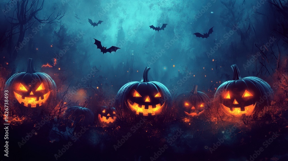 Spooky Halloween night scene with glowing jack o' lanterns and bats flying in the moonlight. Perfect for Halloween themes and spooky designs.