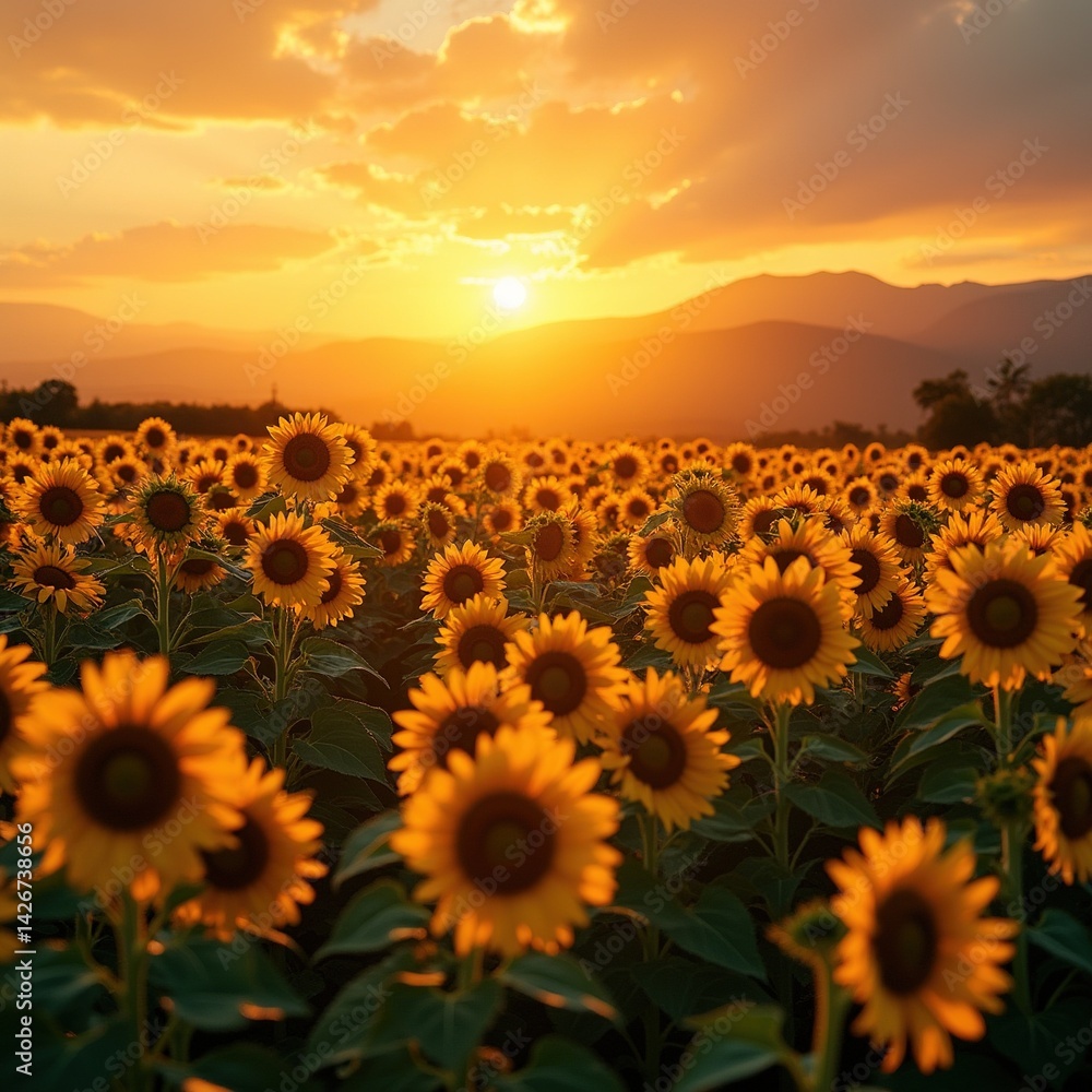 Obraz premium Yellow sunflowers against the sunset