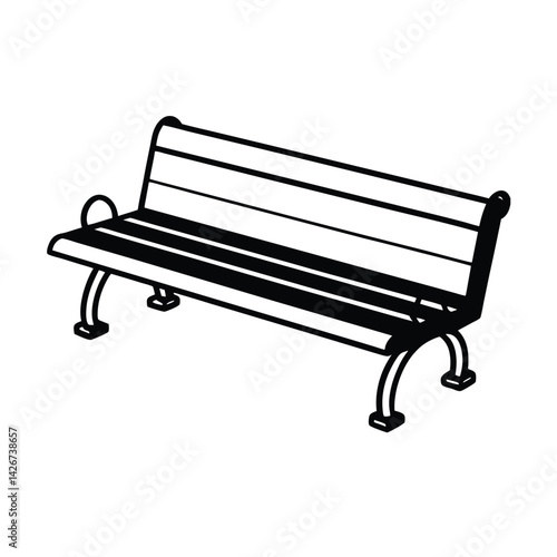 Black and white illustration of a park bench with a classic design and perspective