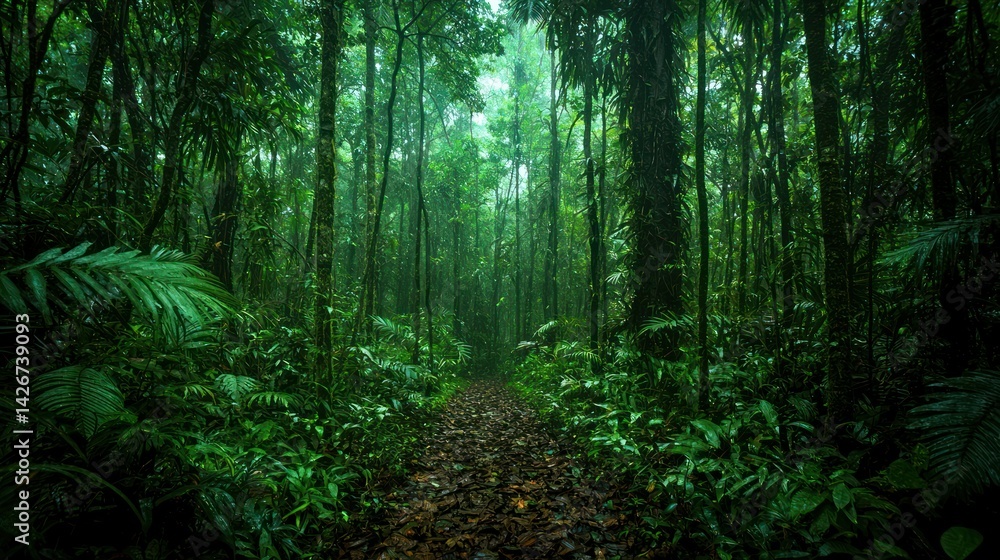 Obraz premium Lush rainforest path, misty, green, dense forest