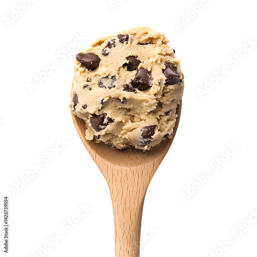 A playful wooden spoon stirring cookie dough, isolated on a transparent background.