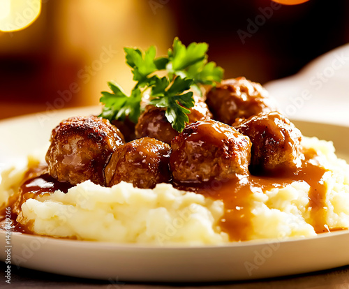 Delicious meatballs with gravy on a bed of mashed potatoes, a classic and comforting homestyle meal.