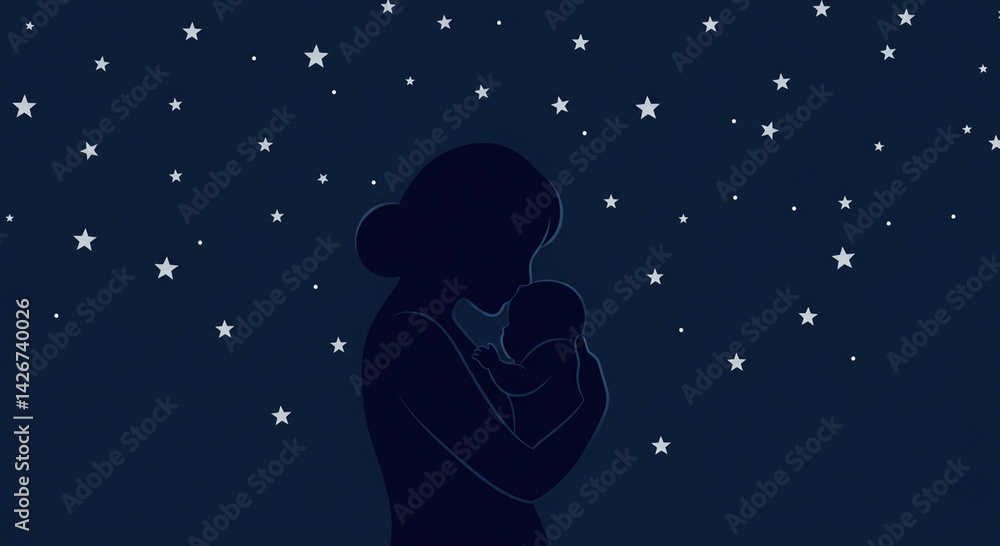 Obraz premium Mother s Love Under Night Sky Silhouette of a Woman Gently Holding her Baby