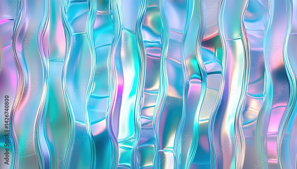 Fototapeta premium Abstract Gradient Glass Pattern Effect On Ribbed Iced Corrugated Metal And Light Holograph Wall With Blue Gray Plastic Window Blur And Reed Flute Laser Seamless Ripple Panel.
