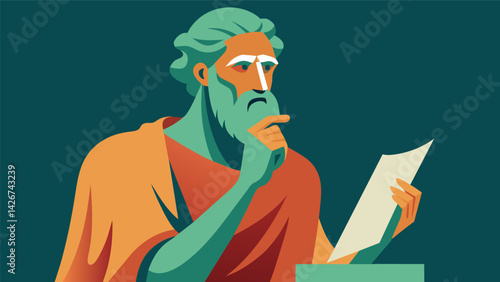 A majestic bronze figure of a philosopher with one hand thoughtfully resting on his chin and the other holding a scroll with philosophical quotes.. Vector illustration