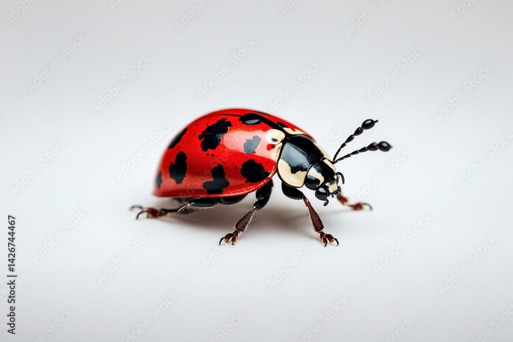 Fototapeta premium A vibrant ladybug, a tiny jewel of nature, showcasing its striking red and black shell against a clean white background.