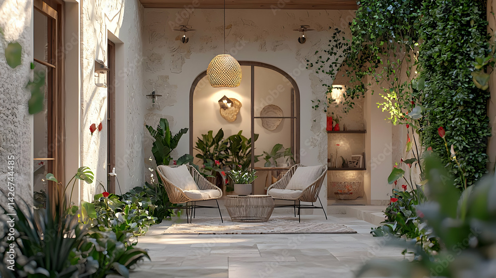 Rustic Courtyard With Beige Furniture And Greenery Rustic Courtyard With Beige Furniture And Greenery