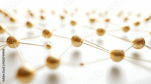 Interconnected golden spheres linked by thin lines create a network on a white backdrop with blurred depth