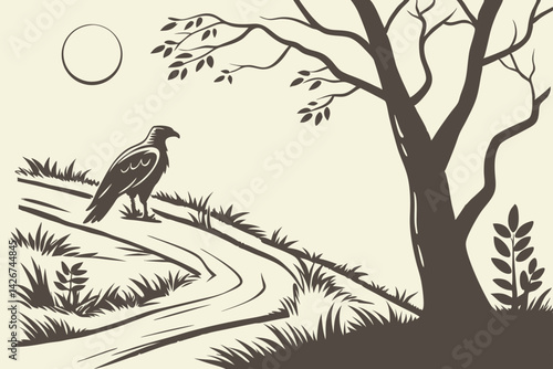 Eagle silhouette perched on a hillside under the moon with a tree