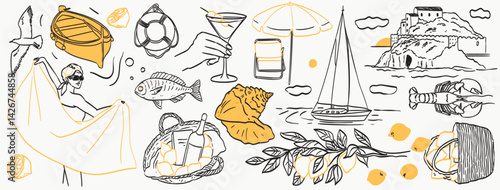 Italian summer vacation doodle style illustrations. Vector ink hand drawn Italy coast sea or beach print elements. Sea weekend rest collection for invitation card to beach party, picnic, wedding.