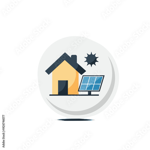 Solar-powered house icon with sun and solar panel design  