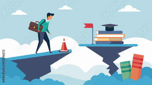 A drawing of a student standing on uneven crumbling ground labeled economic downturn trying to balance stacks of textbooks and loan papers.. Vector illustration