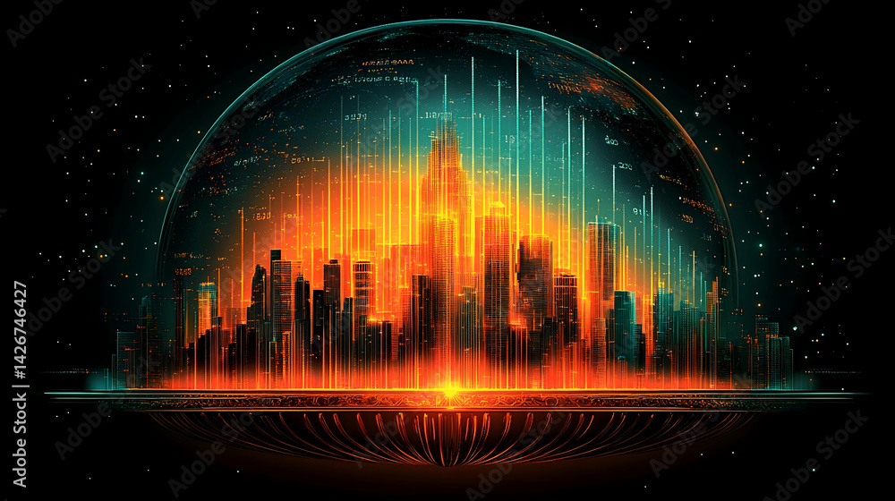 Fototapeta premium Futuristic cityscape encased in a sphere Glowing lights and data streams enhance the modern technological theme