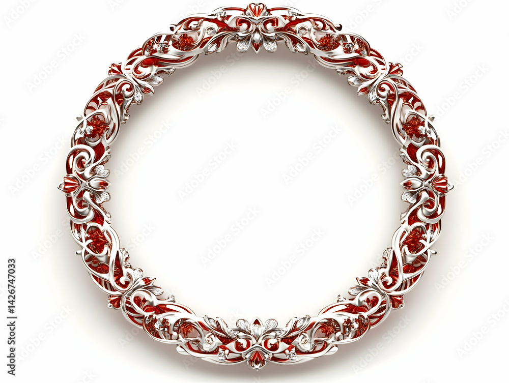 Fototapeta premium Ornate circular frame silver filigree with red accents gems scattered