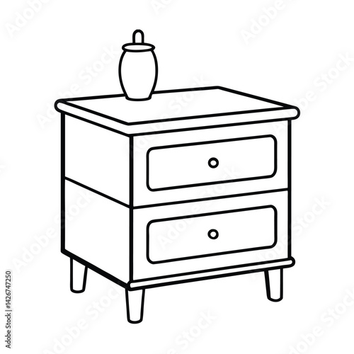 Outline illustration of nightstand with drawers and vase for coloring or design