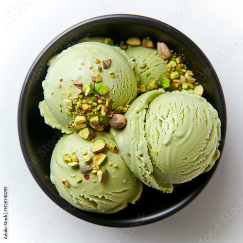 Flat Lay of Pistachio Ice Cream Scoops with Crushed Nuts – Black Bowl on White Background