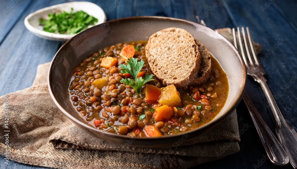 hearty lentil stew served with crusty artisan bread hearty lentil stew served with crusty artisan bread