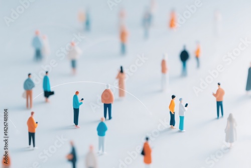 minimalist digital society scene featuring diverse individuals interacting with technology in modern urban environment