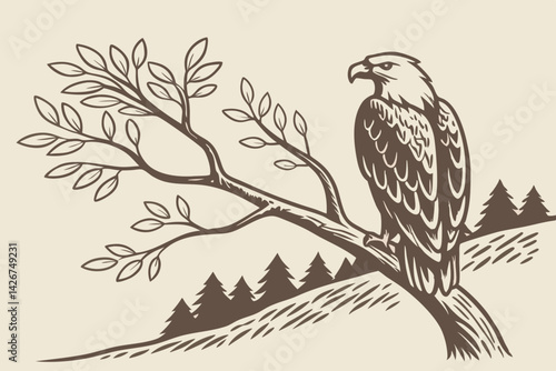 Majestic eagle resting on a tree branch overlooking a forest in sepia tone